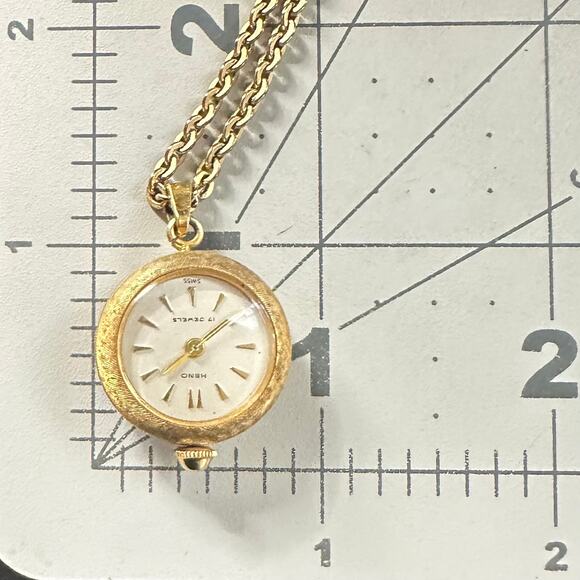 Heno vintage Swiss 17j manual watch pendant on antique rolled gold 30” chain - Picture 10 of 11